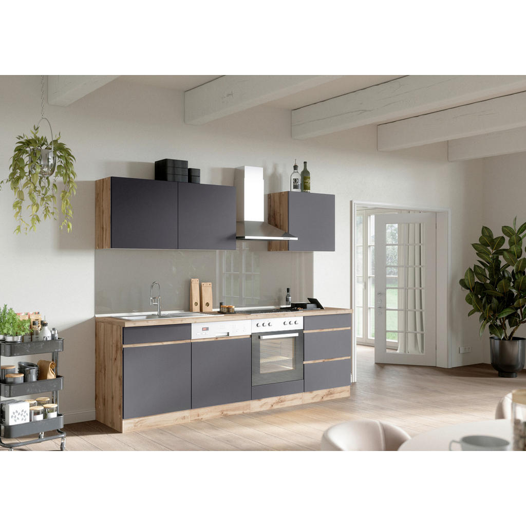 Küchenzeile Turin mit Geräten B: 240cm Grau/Wotaneiche Dekor
