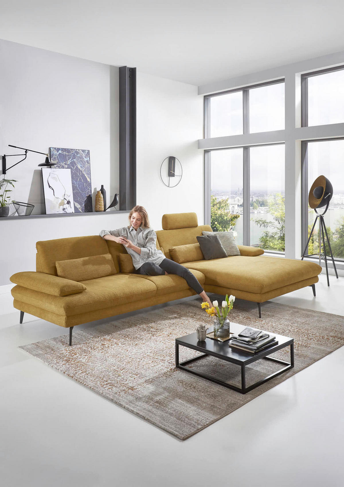 ECKSOFA in Chenille Currygelb  - Currygelb/Schwarz, Design, Textil/Metall (310/180cm) - Dieter Knoll