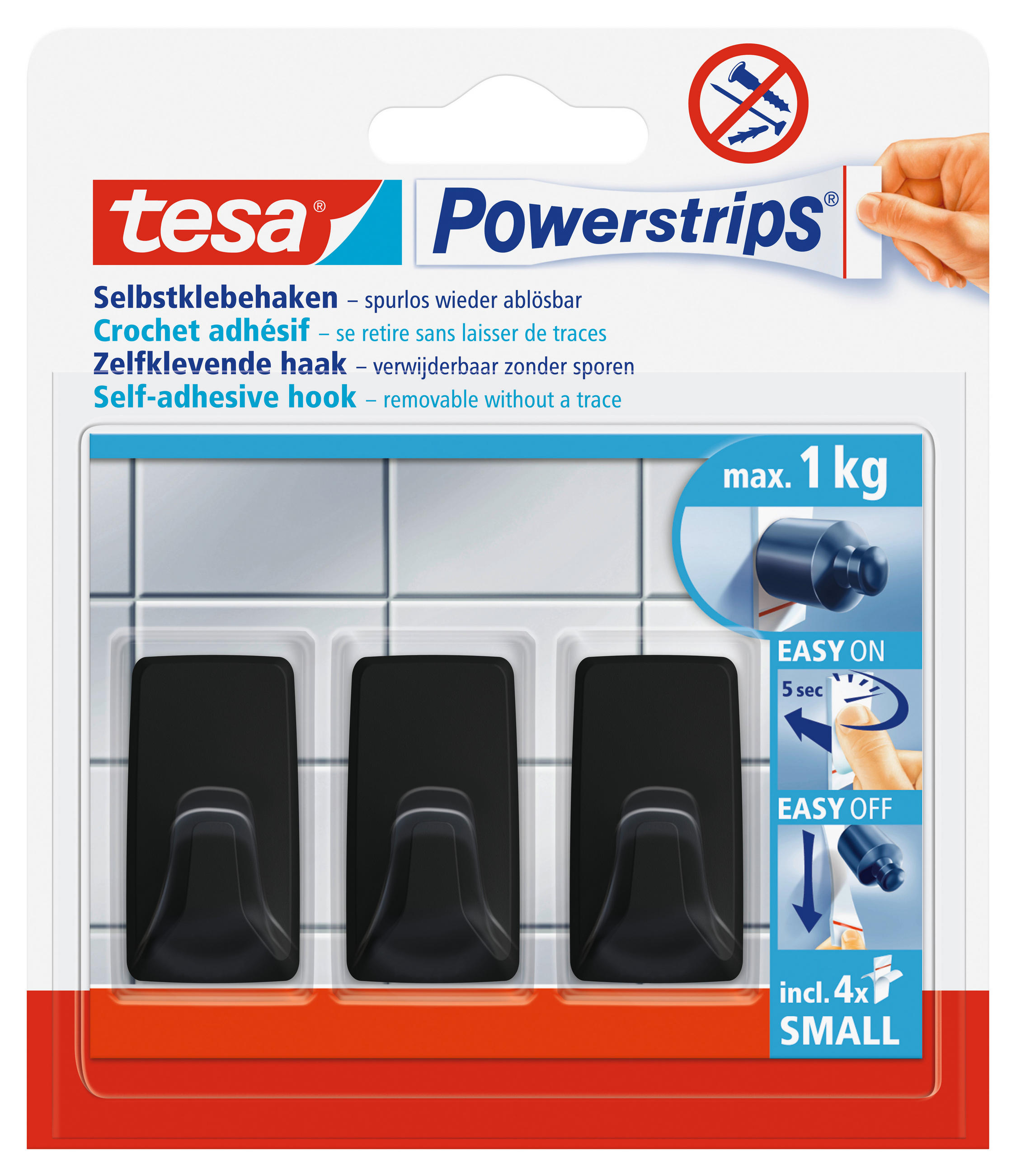KLEBEHAKEN 3 Stück  in Schwarz  - Schwarz, Basics, Kunststoff (2,1/3,9/1,6cm) - Tesa