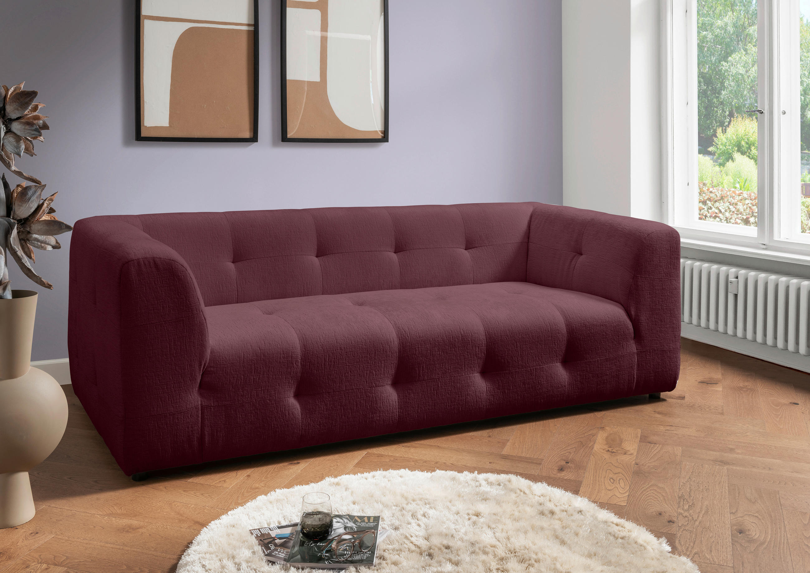 2,5-SITZER Mikrofaser Bordeaux  - Bordeaux/Schwarz, Design, Kunststoff/Textil (218/72/95cm) - Livetastic