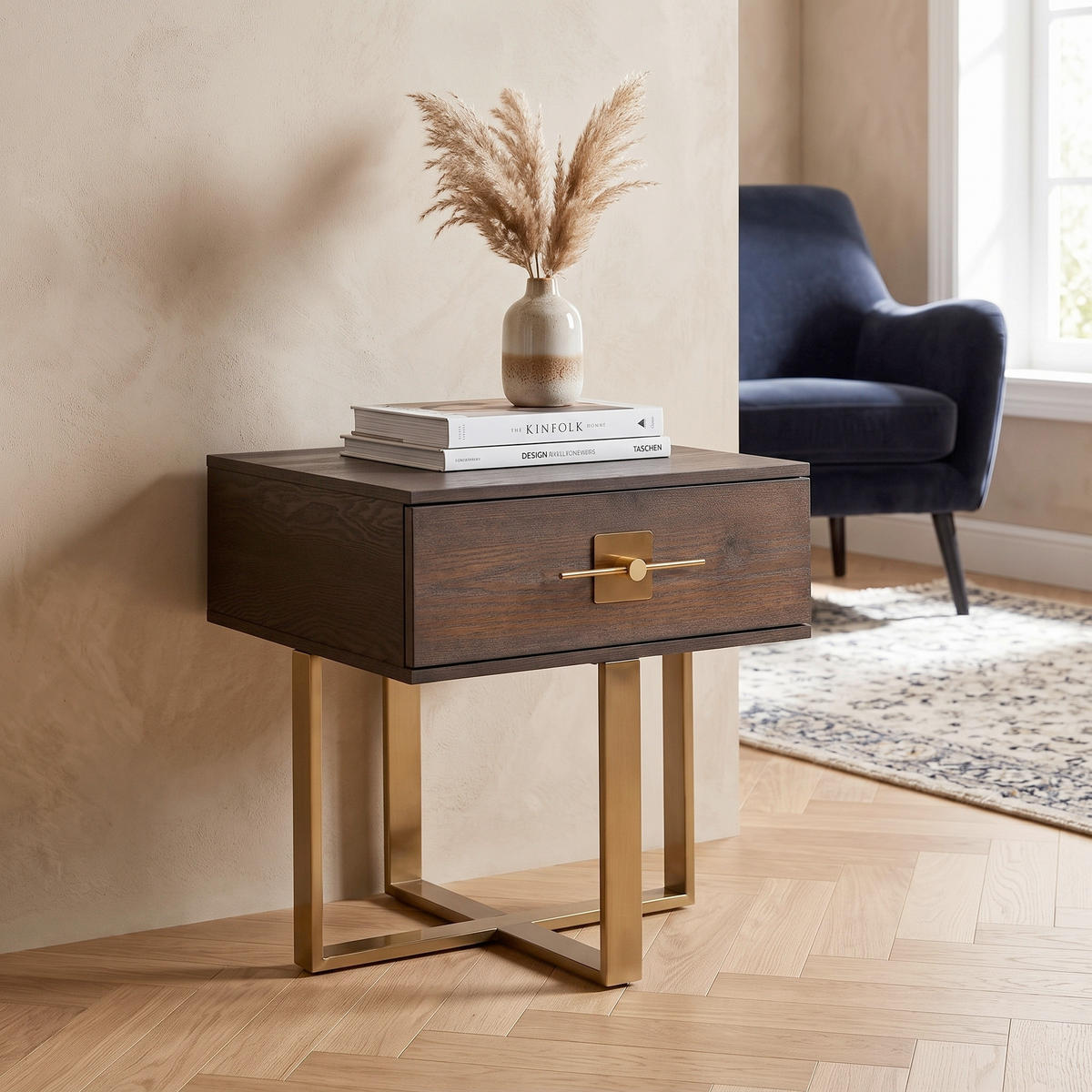KOMMODE , 55/60/55 cm, 1 Schublade(n)  - Messingfarben/Braun, Trend, Holzwerkstoff/Metall (55/60/55cm) - Kare-Design