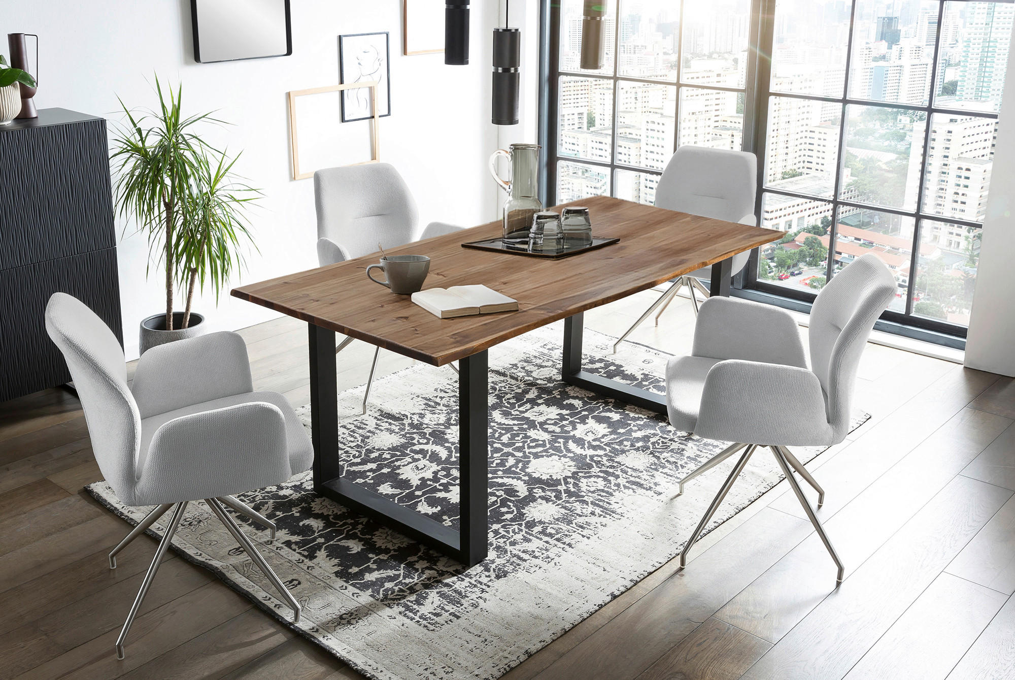 TISCHGRUPPE Hellgrau, Walnussfarben  - Silberfarben/Walnussfarben, MODERN, Holz/Textil (160/90/75cm) - Livetastic