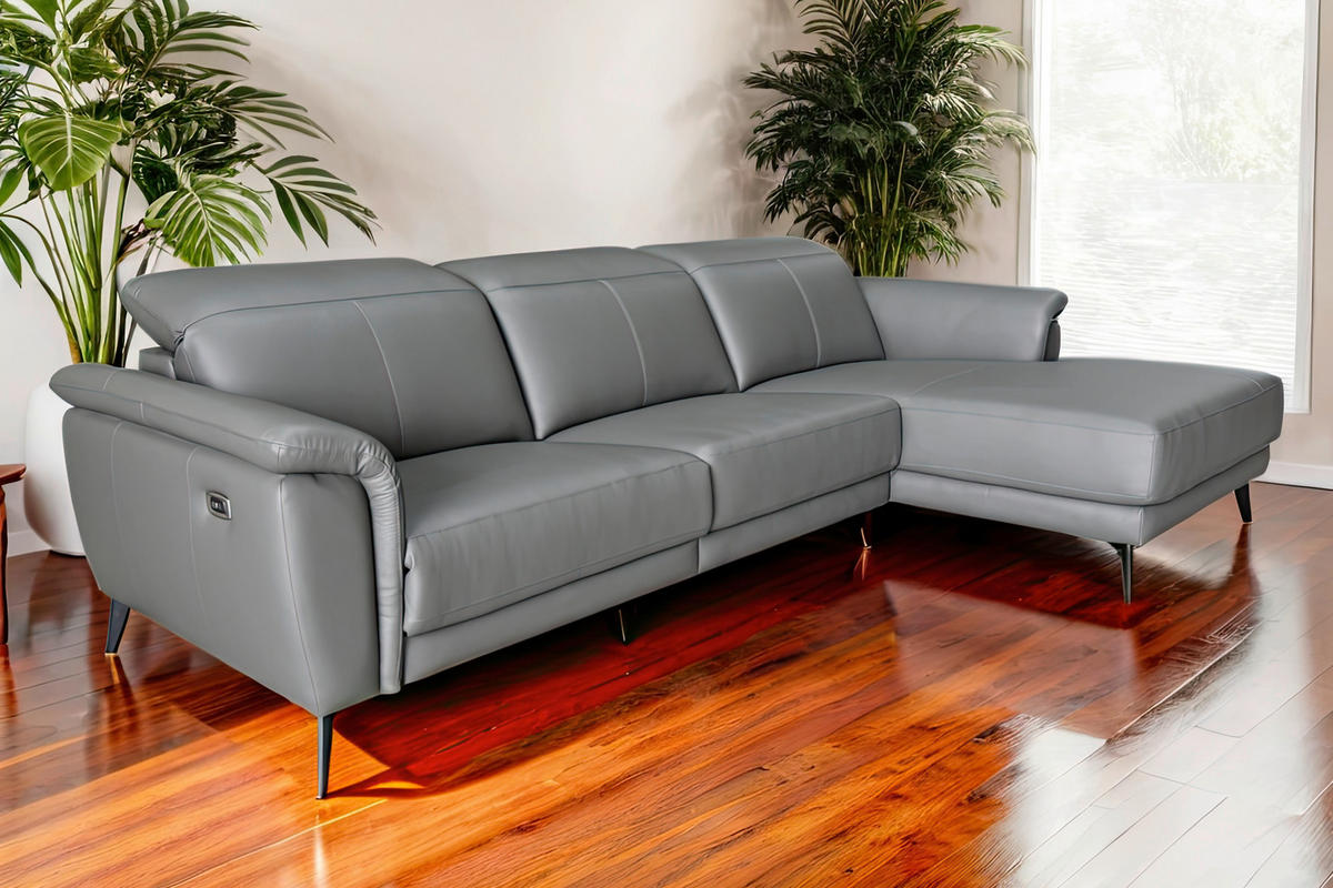 ECKSOFA Grau Echtleder  - Schwarz/Grau, MODERN, Leder/Holz (276/174cm) - Livetastic