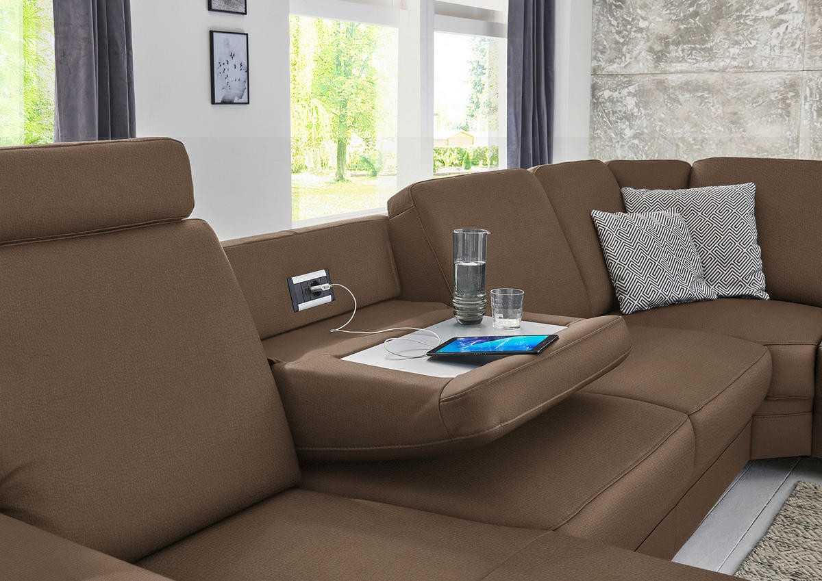 WOHNLANDSCHAFT Echtleder Braun  - Alufarben/Braun, Konventionell, Leder/Metall (165/329/239cm) - Beldomo Premium