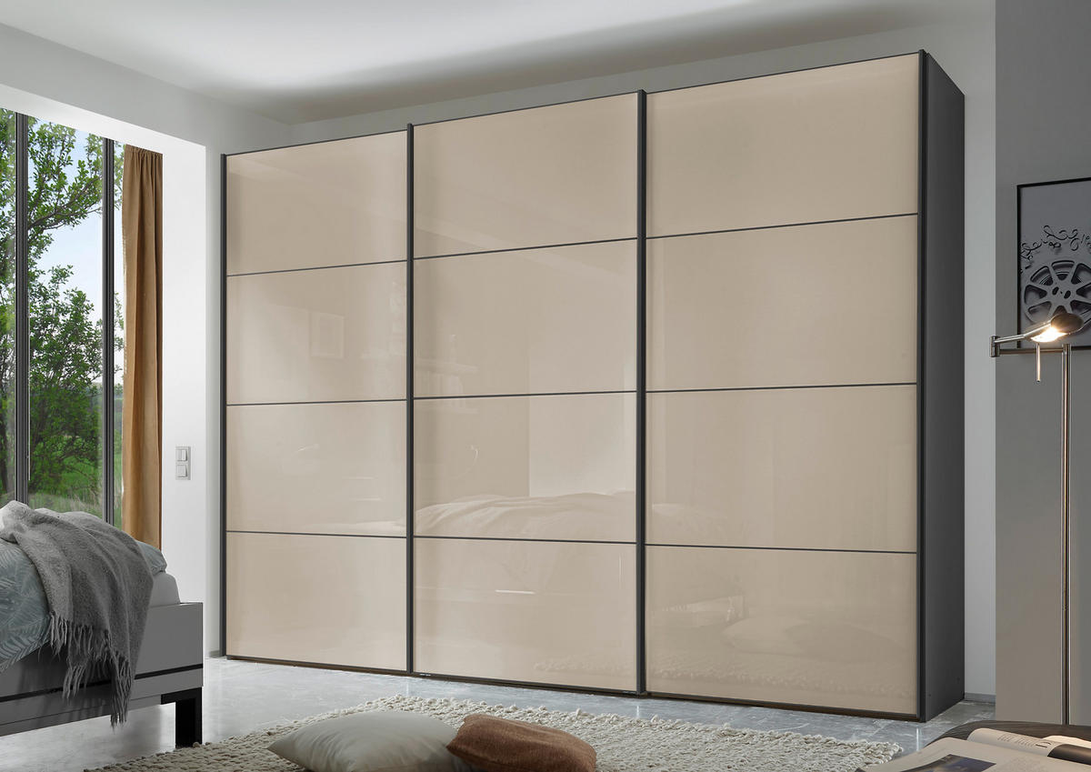 SCHWEBETÜRENSCHRANK 298/240/68 cm 3-türig Anthrazit, Sandfarben  - Sandfarben/Anthrazit, Design, Glas/Holzwerkstoff (298/240/68cm) - Moderano