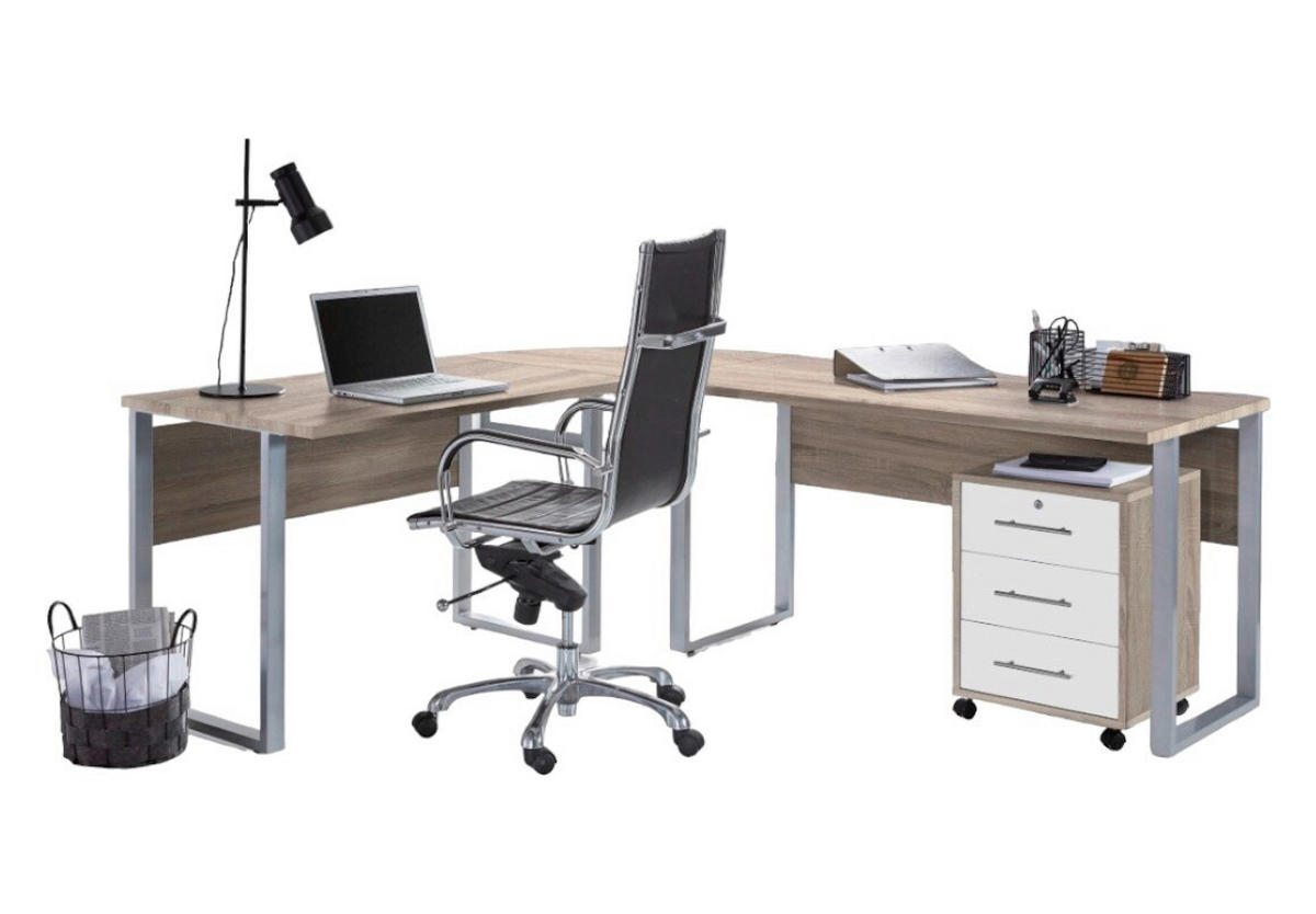 BÜRO erweiterbar, in verschiedenen Holz-Dekoren erhältlich, Schreibtisch seitenverkehrt montierbar, abschließbar Weiß, Sonoma Eiche - Weiß/Sonoma Eiche, MODERN, Holzwerkstoff/Metall - MID.YOU