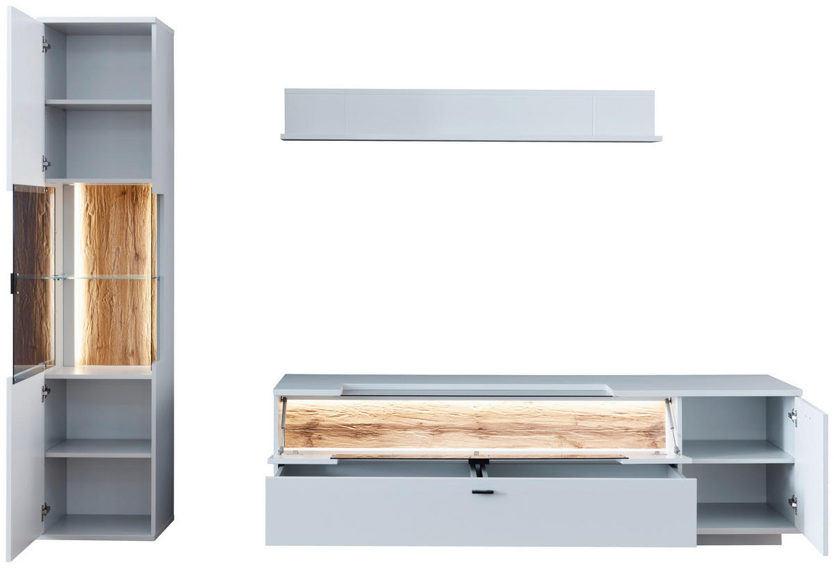 WOHNWAND  in Weiß, Eichefarben  250/199/50 cm  - Eichefarben/Anthrazit, Design, Glas/Holzwerkstoff (250/199/50cm) - Stylife