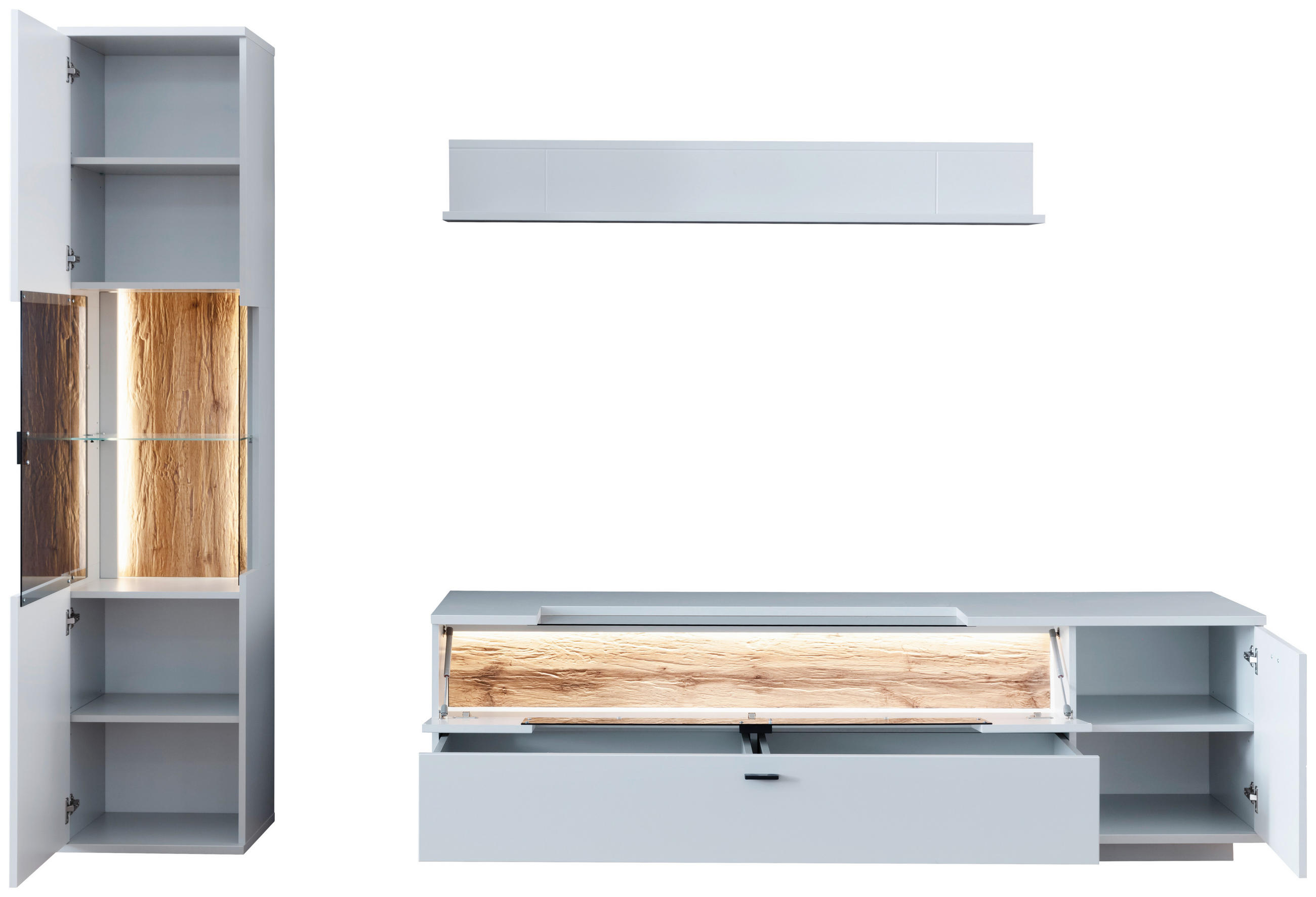 Thumbnail - Stylife Wohnwand, Weiß, Eiche, Metall, 6 Fächer, 1 Schublade(n) Schubladen, 250x199x50 cm, Beimöbel erhältlich, Wohnzimm...