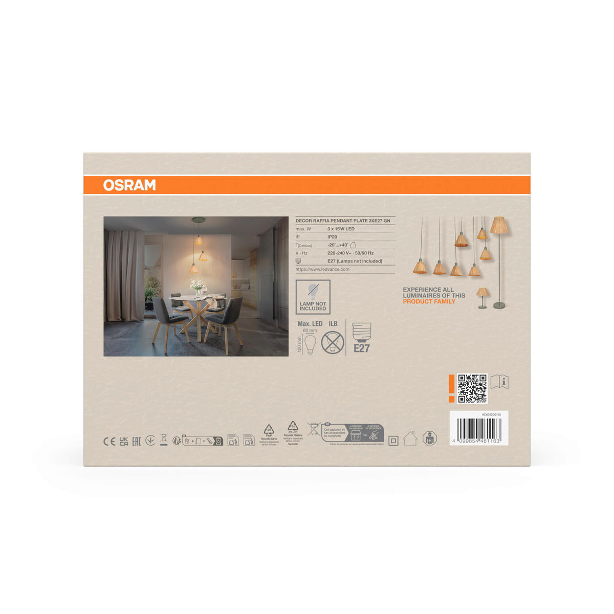 HÄNGELEUCHTE 43/125 cm  - Natur, Naturmaterialien/Metall (43/125cm) - Osram