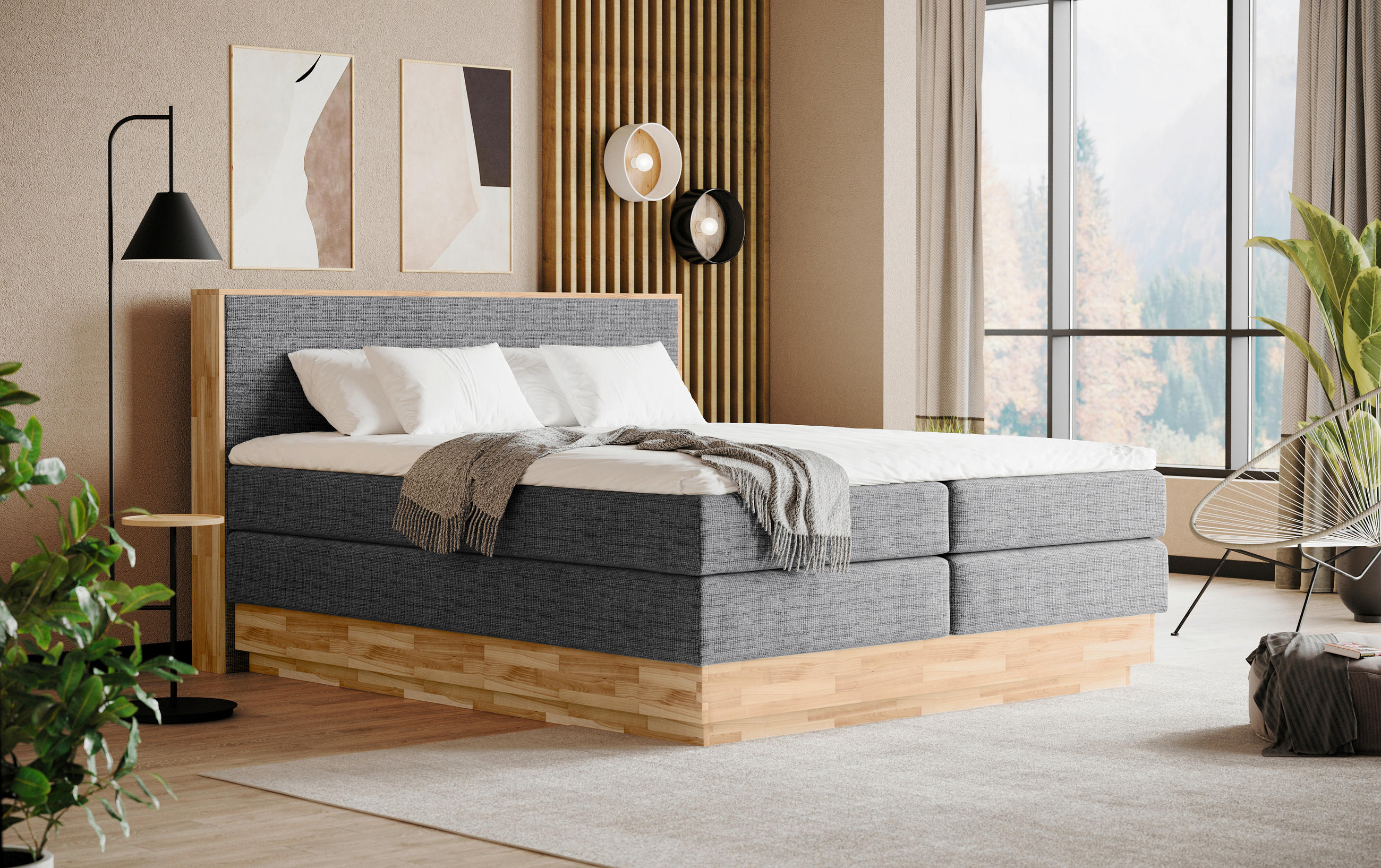 BOXSPRINGBETT 160/200 cm,  in Eichefarben, Dunkelgrau, Matratze, gepolstertes Kopfteil, Bettkasten, Topper, H4 + H4 = sehr fest  - Eichefarben/Dunkelgrau, MODERN, Holz/Kunststoff (160/200cm) - Livetastic