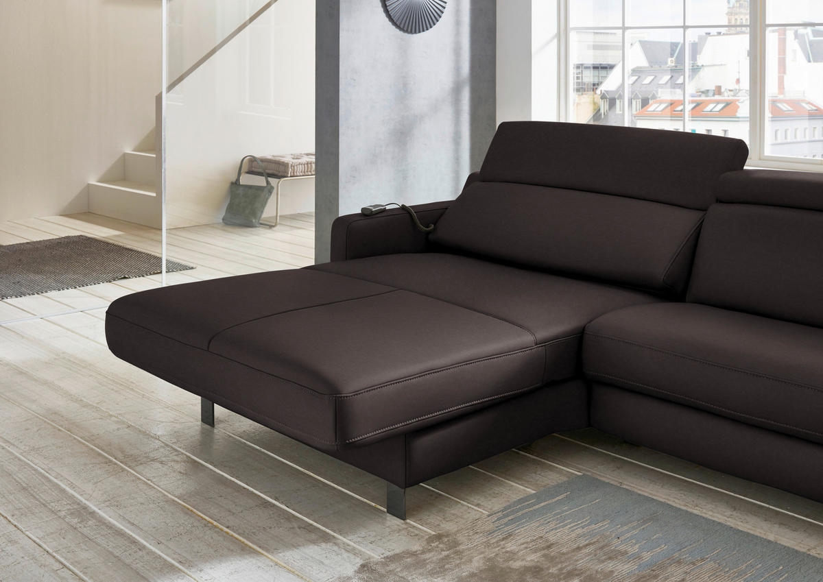 ECKSOFA in Echtleder Mokka  176/291 cm  - Schwarz/Mokka, Design, Leder/Metall (176/291cm) - Valdera