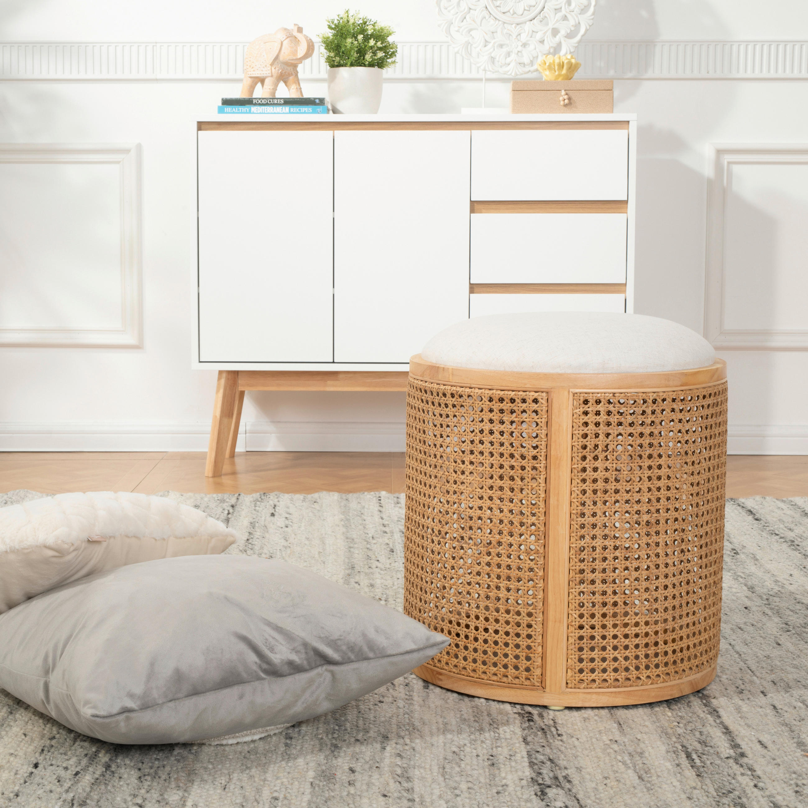 Thumbnail - Mid.you Hocker, Natur, Beige, Holz, Textil, Rattan, Kautschukholz, massiv, rund, 40x45x40 cm, Stauraum, Wohnzimmer, Hock...