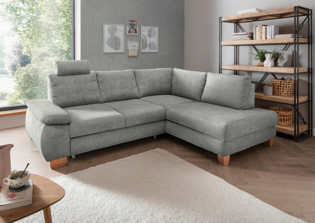 ECKSCHLAFSOFA in Chenille Grau  - Wildeiche/Grau, Modern, Holz/Textil (261/206cm) - Livetastic