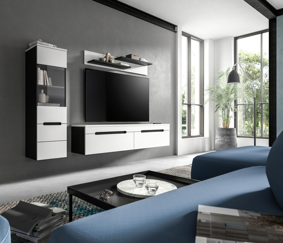 WOHNWAND 2-teilig  in Weiß  221/141/33 cm  - Schwarz/Weiß, Design, Holzwerkstoff/Kunststoff (221/141/33cm) - Livetastic