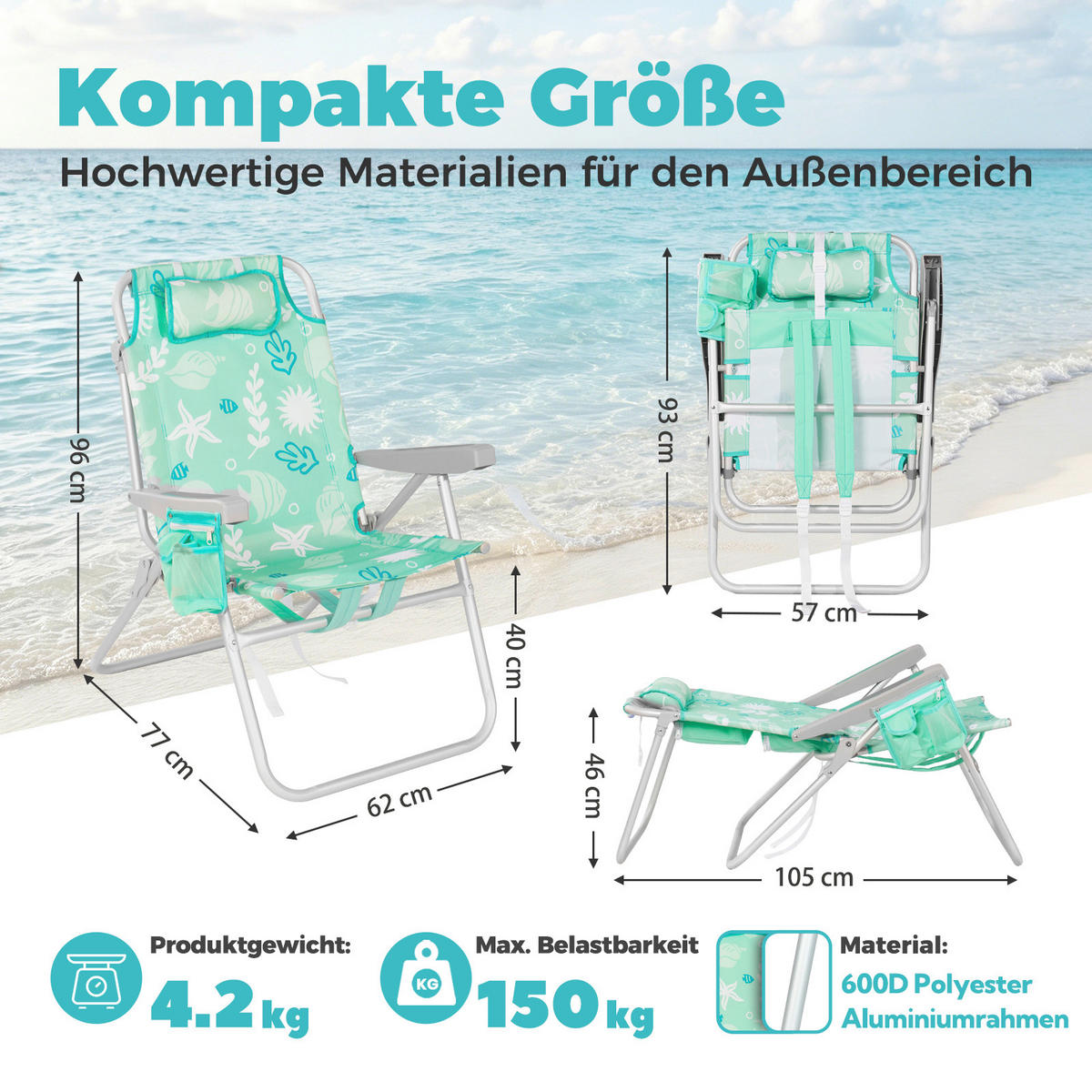 STRANDSTUHL Aluminium Alufarben, Mintgrün  - Alufarben/Mintgrün, Basics, Textil/Metall (62/77/96cm) - Modante