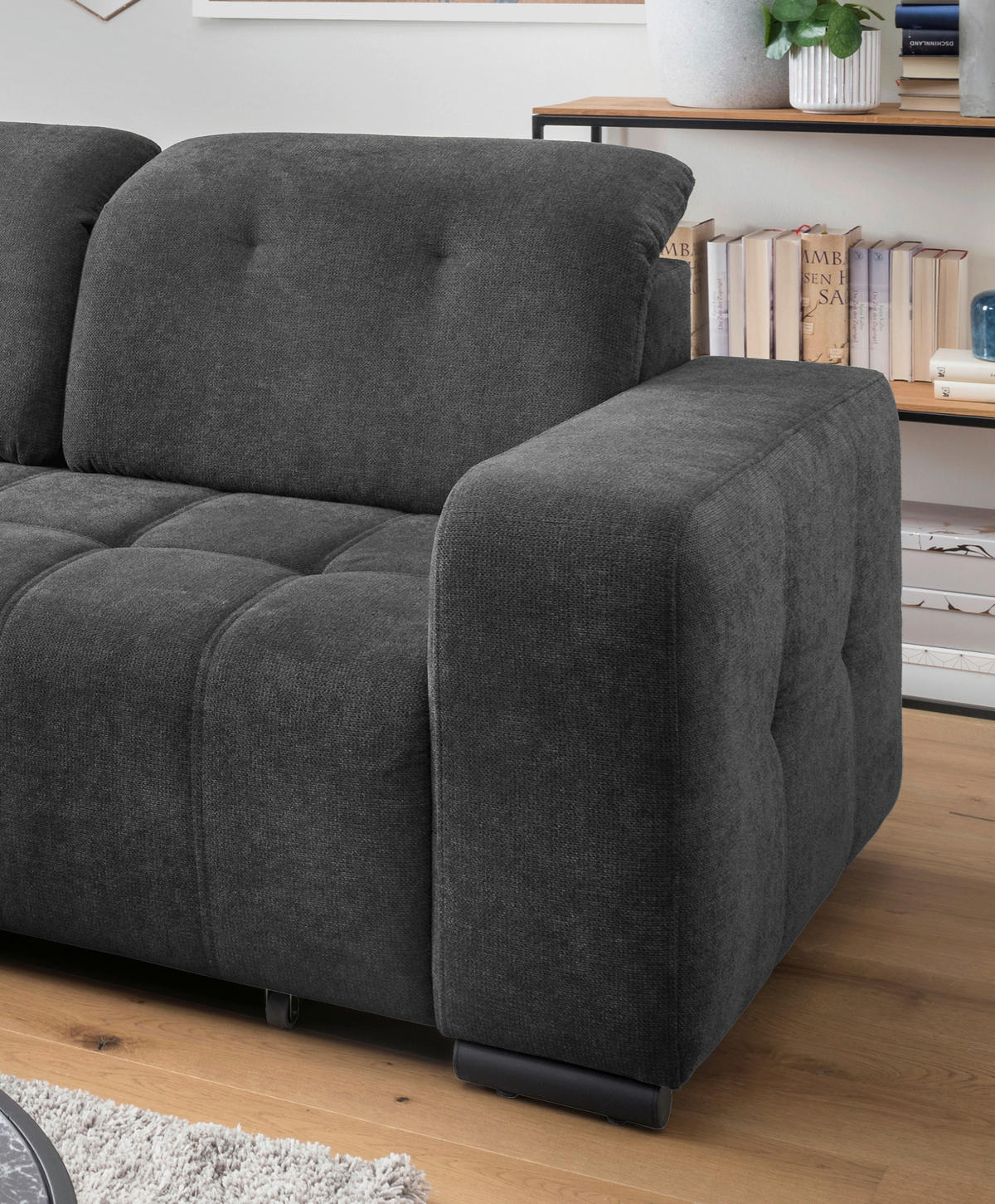 ECKSOFA VICARI Anthrazit Mikrofaser Kopfteilverstellung, Sitzvorzug  - Anthrazit/Schwarz, MODERN, Textil/Metall (185/292cm) - Livetastic