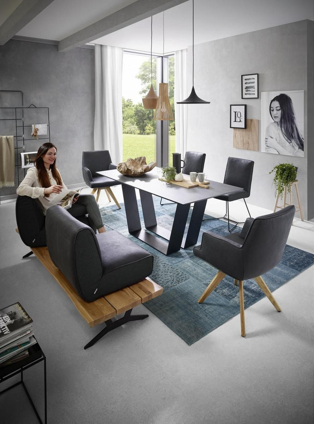 SITZBANK in Holz, Metall, Leder Anthrazit, Schwarz, Eichefarben  - Eichefarben/Anthrazit, Design, Leder/Holz (190/85/69cm) - Ambiente