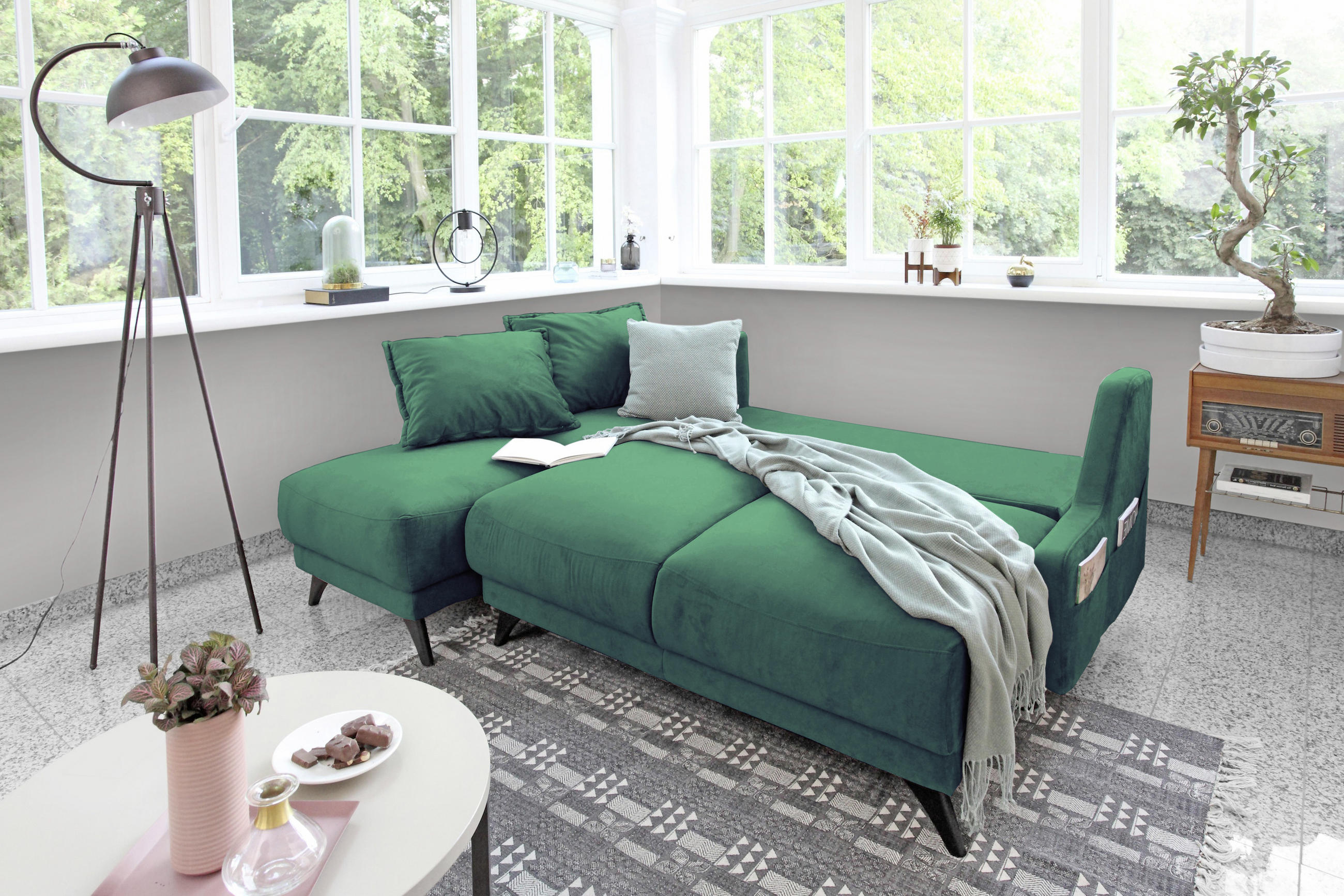 ECKSCHLAFSOFA Smaragdgrün Velours - Smaragdgrün/Schwarz, Basics, Holz/Textil (155/225cm) - MID.YOU