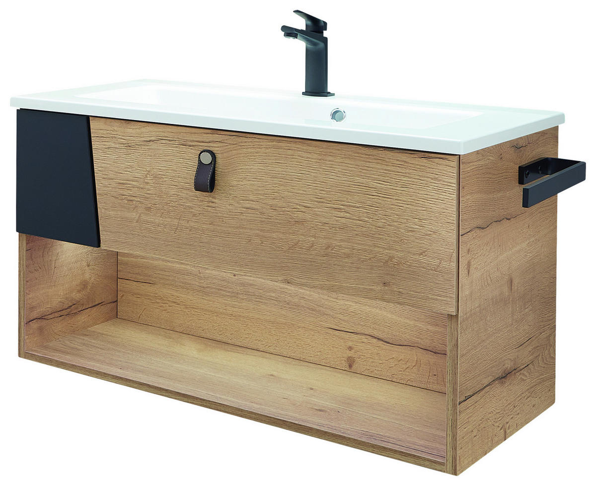 WASCHTISCHKOMBI 78 cm  - Eichefarben/Schwarz, KONVENTIONELL, Leder/Glas (78cm) - Sadena