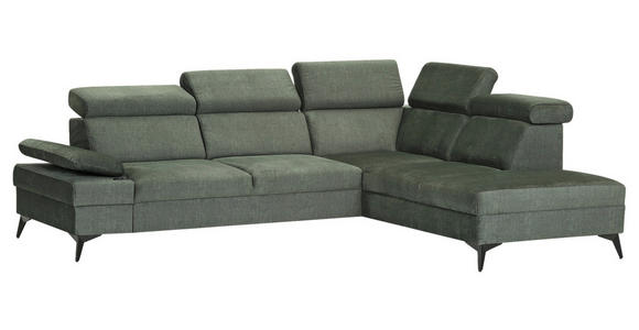 ECKSOFA Dunkelgrün Flachgewebe Rücken echt, Kopfteilverstellung, Sitzvorzug  - Dunkelgrün/Schwarz, MODERN, Textil/Metall (258/210cm) - Landscape