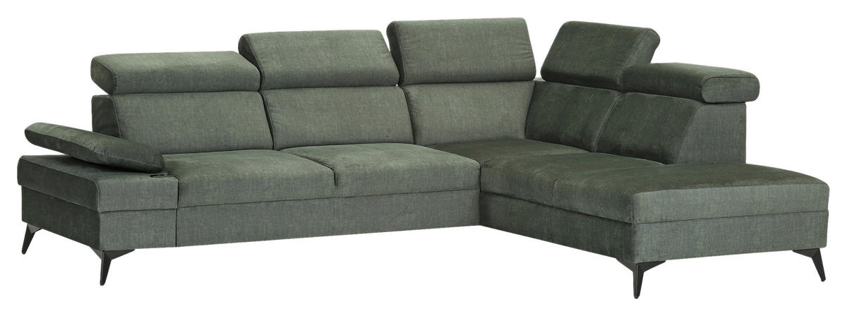 ECKSOFA Dunkelgrün Flachgewebe Rücken echt, Kopfteilverstellung, Sitzvorzug  - Dunkelgrün/Schwarz, MODERN, Textil/Metall (258/210cm) - Landscape