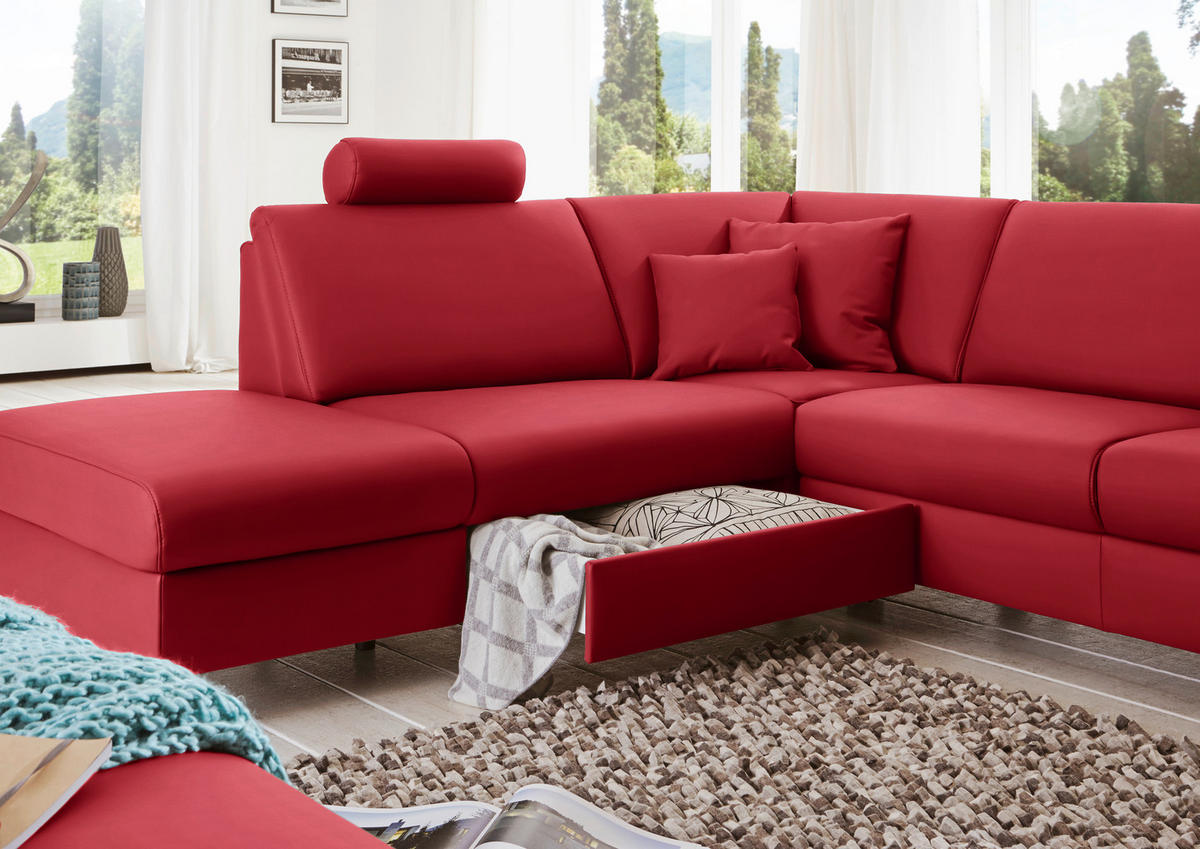 WOHNLANDSCHAFT in Echtleder Rot  - Rot/Alufarben, Design, Leder/Metall (233/339/165cm) - Beldomo Premium