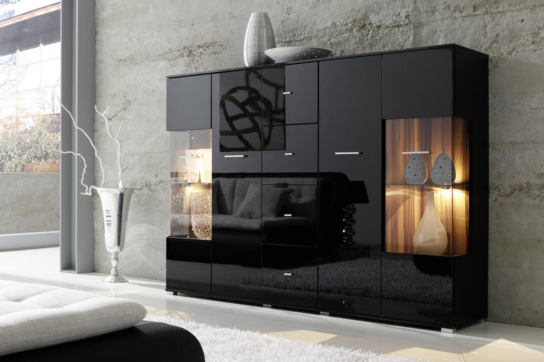 HIGHBOARD  in 188/133/37 cm  - Silberfarben/Schwarz, Design, Glas/Holzwerkstoff (188/133/37cm) - Livetastic