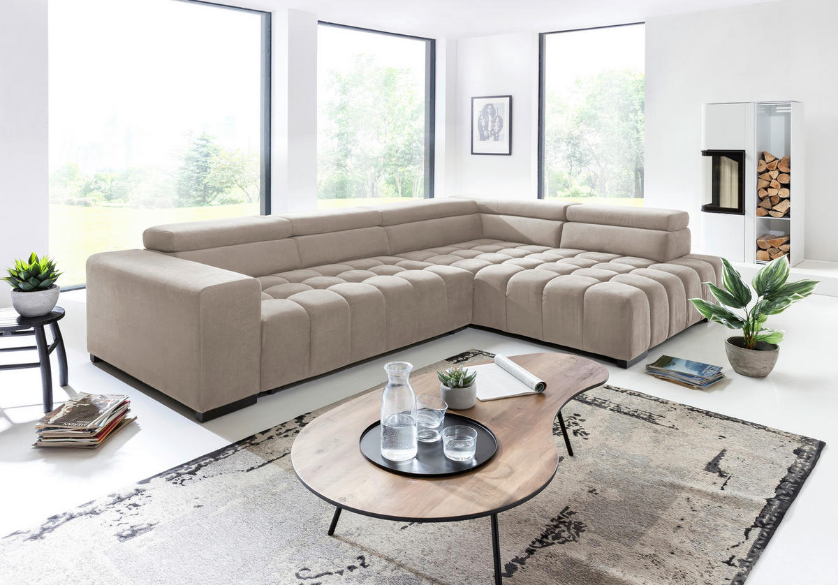 ECKSCHLAFSOFA Beige Velours  - Beige/Schwarz, Design, Holz/Textil (307/201cm) - Livetastic
