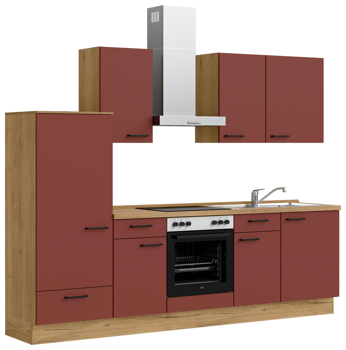 KÜCHENBLOCK Easytouch 270 cm  in Eichefarben, Dunkelrot  - Eichefarben/Schwarz, MODERN, Holzwerkstoff/Metall (270cm) - Nobilia