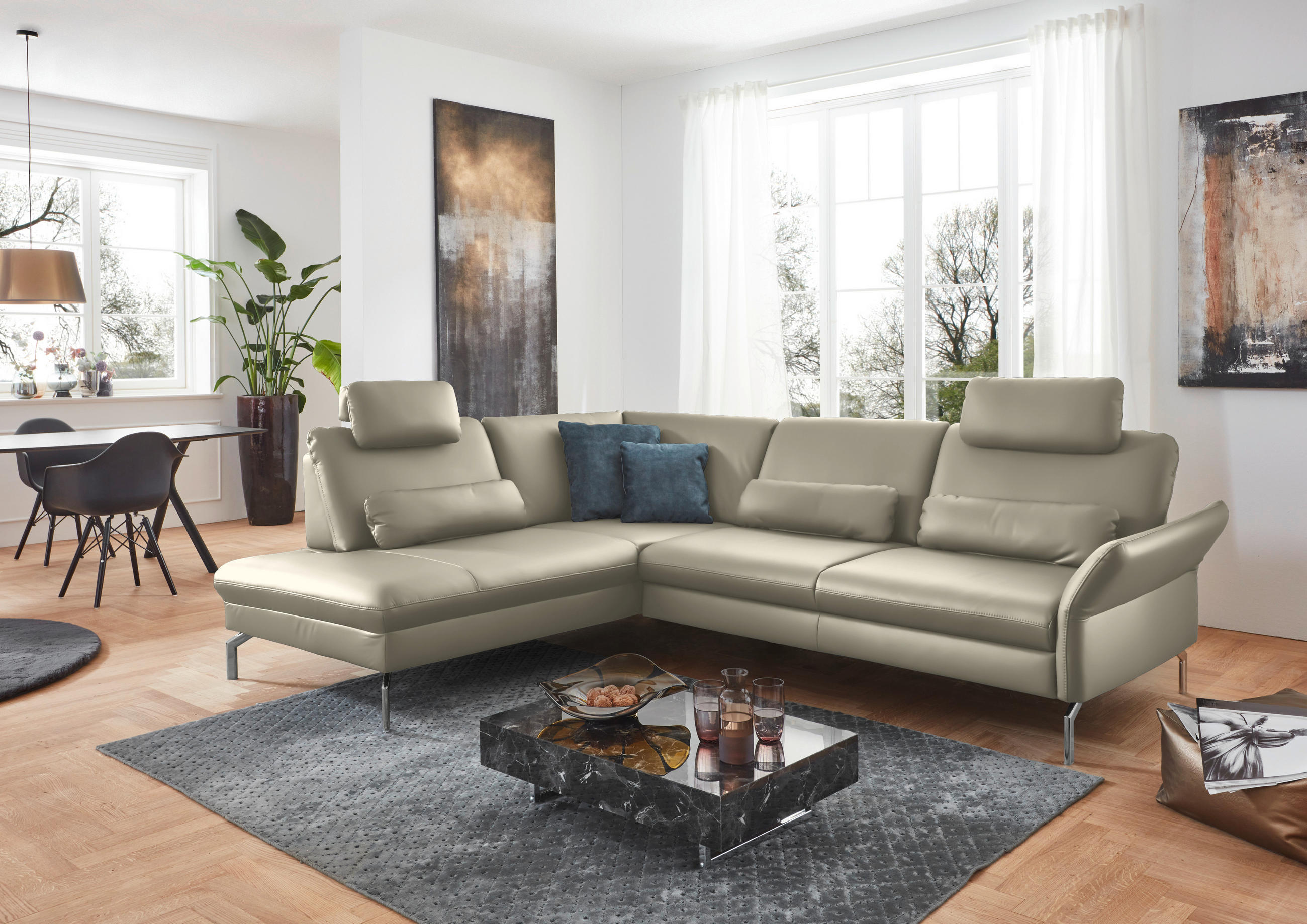 ECKSOFA in Echtleder Ecru  - Ecru/Alufarben, Konventionell, Leder/Metall (220/284cm) - Beldomo Premium