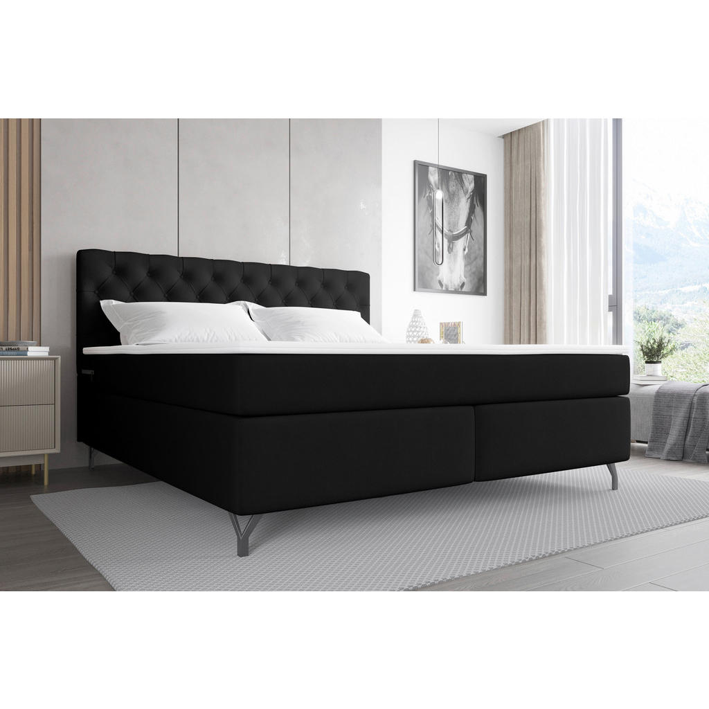 Thumbnail - Boxxx Boxspringbett, Schwarz, Textil, H3, Höhe ca. 18 cm, 180x200 cm, gepolstertes Kopfteil, Stoffauswahl, Topper durchg...