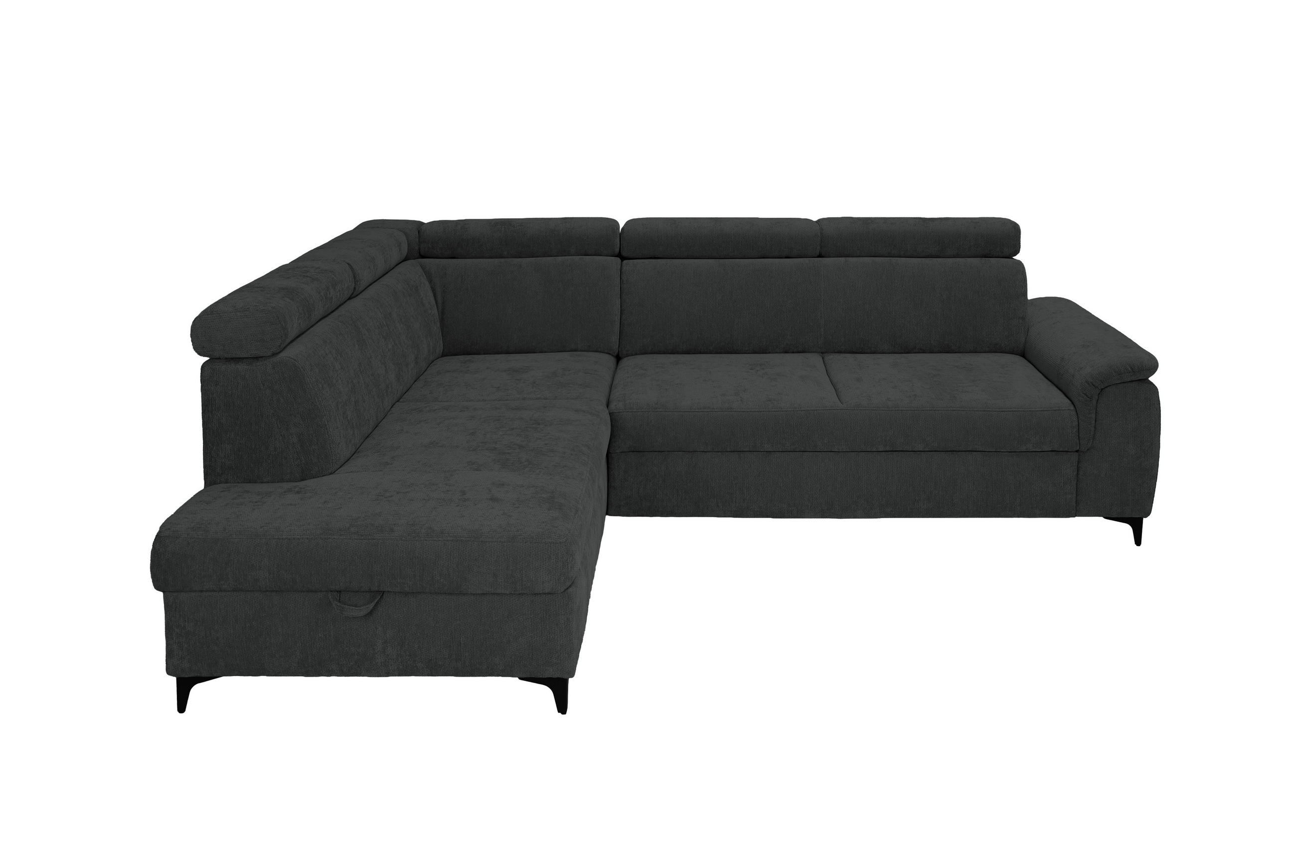 ECKSOFA Schwarz Chenille Bettkasten, Schlaffunktion, Rücken echt, Kopfteilverstellung, Liegefläche im Originalstoff  - Schwarz, KONVENTIONELL, Textil/Metall (206/265cm) - Carryhome