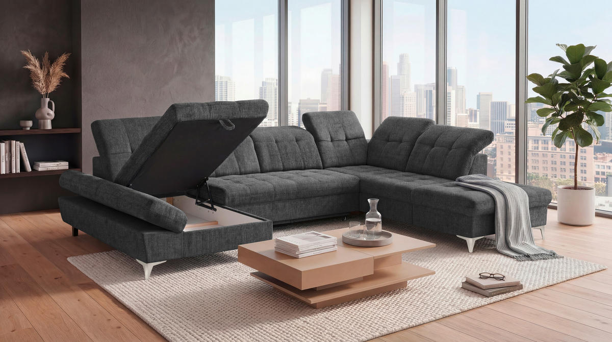 WOHNLANDSCHAFT MERCY Graphitfarben Mikrovelours  - Kaschmir/Graphitfarben, MODERN, Kunststoff/Textil (169/348/245cm) - MID.YOU