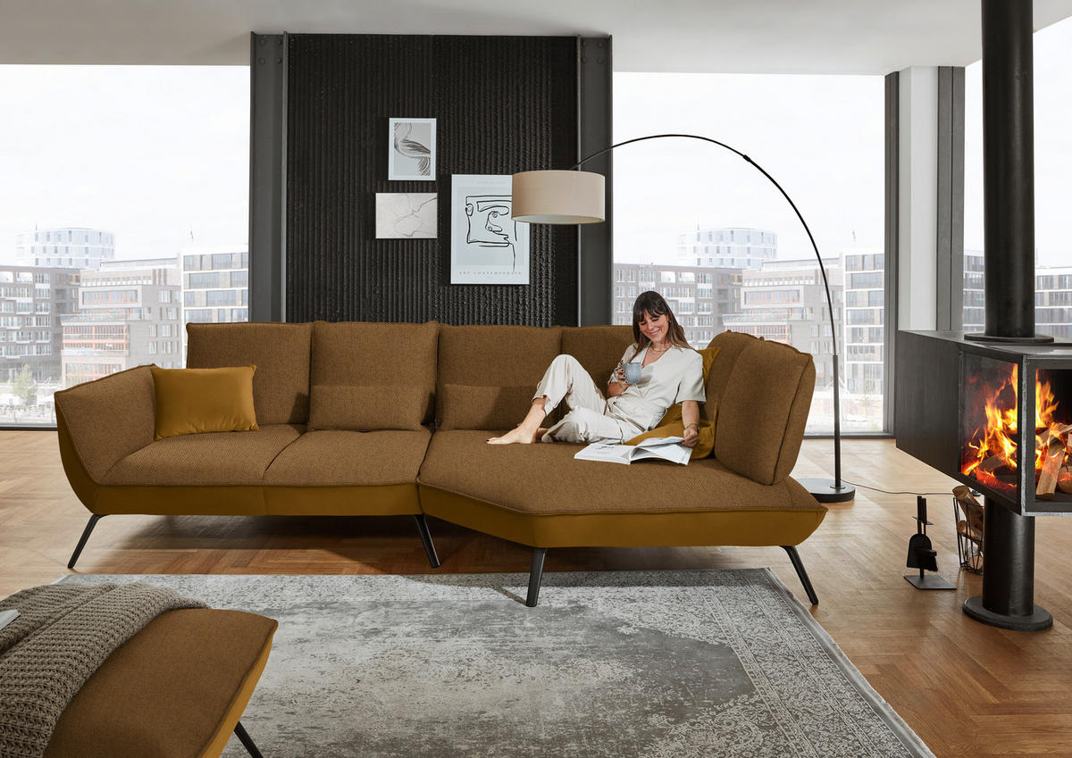 ECKSOFA in Flachgewebe Goldfarben  - Goldfarben/Schwarz, Design, Textil/Metall (320/169cm) - Moderano