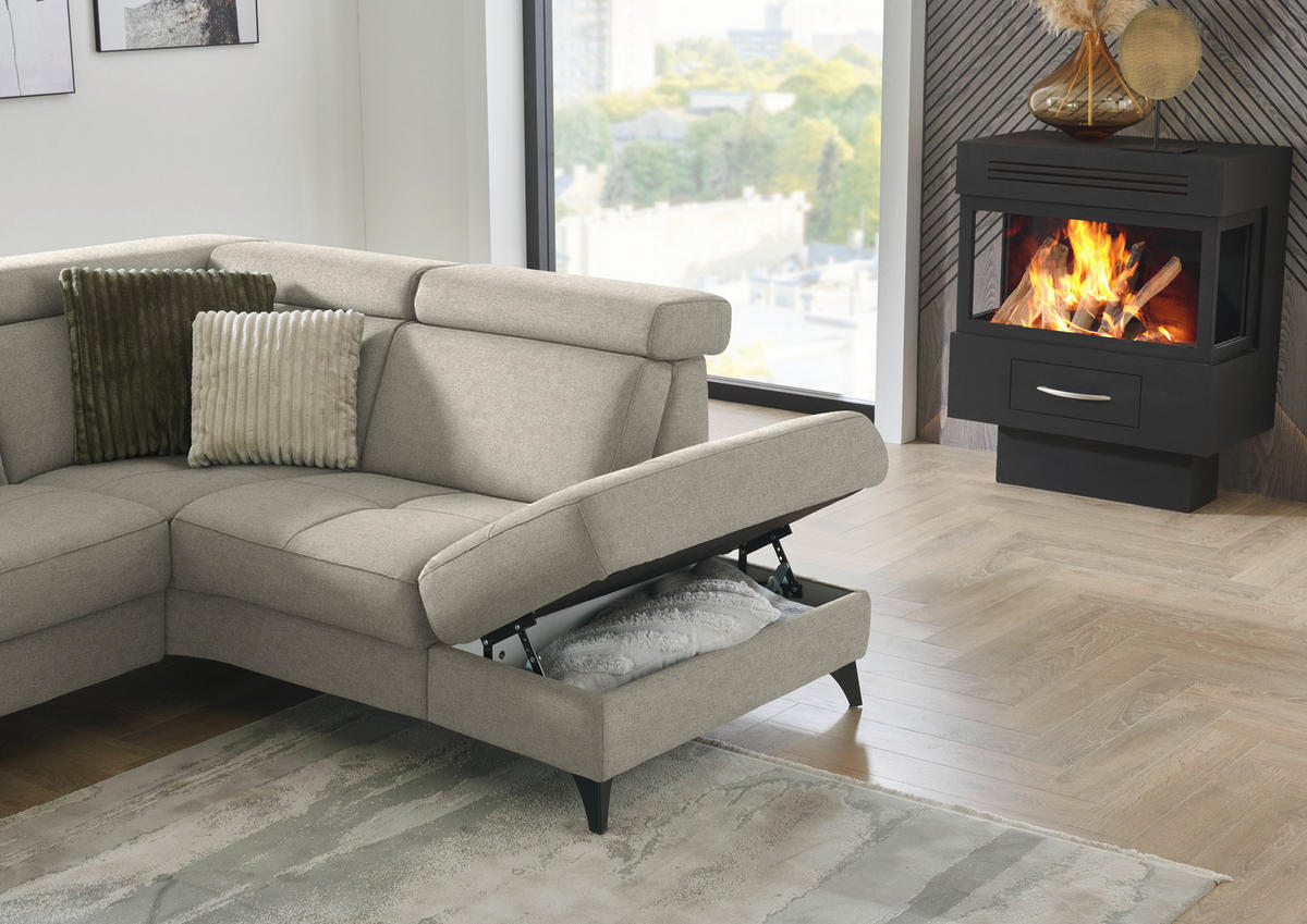 ECKSOFA Flachgewebe Ecru  - Ecru/Schwarz, Konventionell, Textil/Metall (276/214cm) - Beldomo System