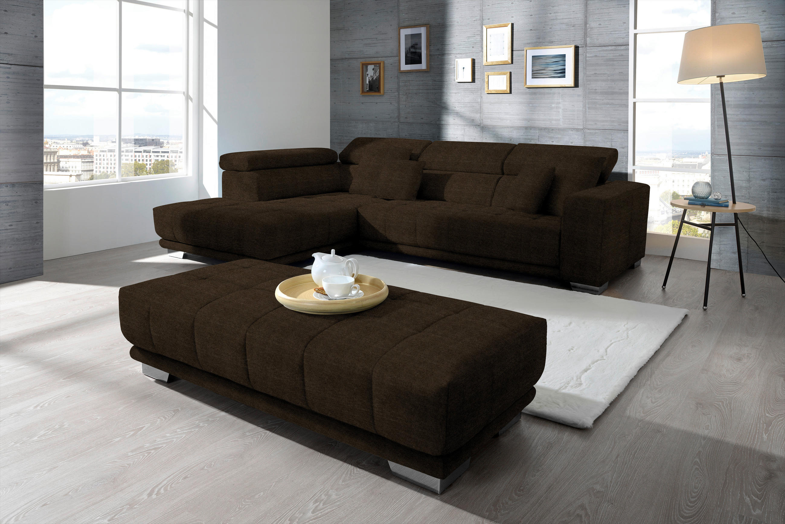 ECKSOFA in Mikrofaser Dunkelbraun  - Chromfarben/Dunkelbraun, Design, Textil/Metall (207/301cm) - Xora