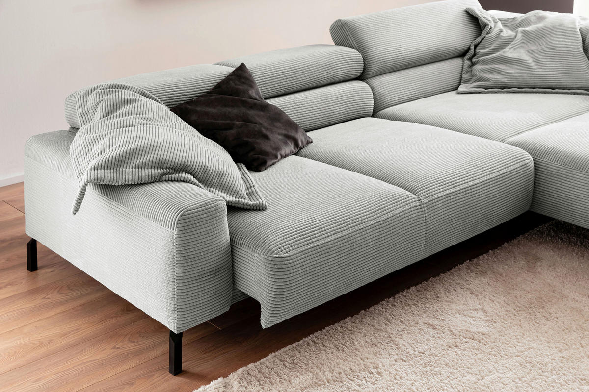 ECKSOFA inkl. Funktion Hellgrau Cord  - Hellgrau/Schwarz, MODERN, Textil/Metall (309/219cm) - Pure Home Lifestyle