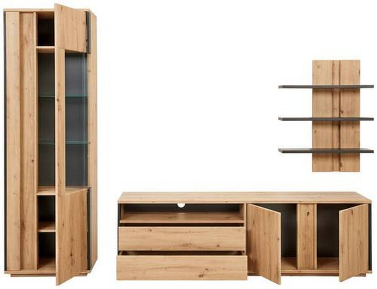 WOHNWAND  in Grau, Eichefarben  252/200/41 cm  - Eichefarben/Grau, Design, Glas/Holzwerkstoff (252/200/41cm) - Stylife