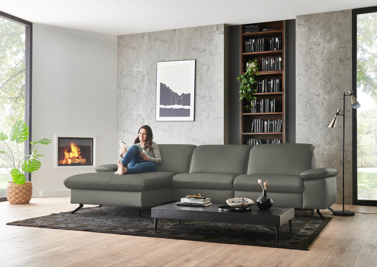 ECKSOFA  Echtleder Grau  - Schwarz/Grau, Design, Leder/Metall (169/307cm) - Beldomo Premium