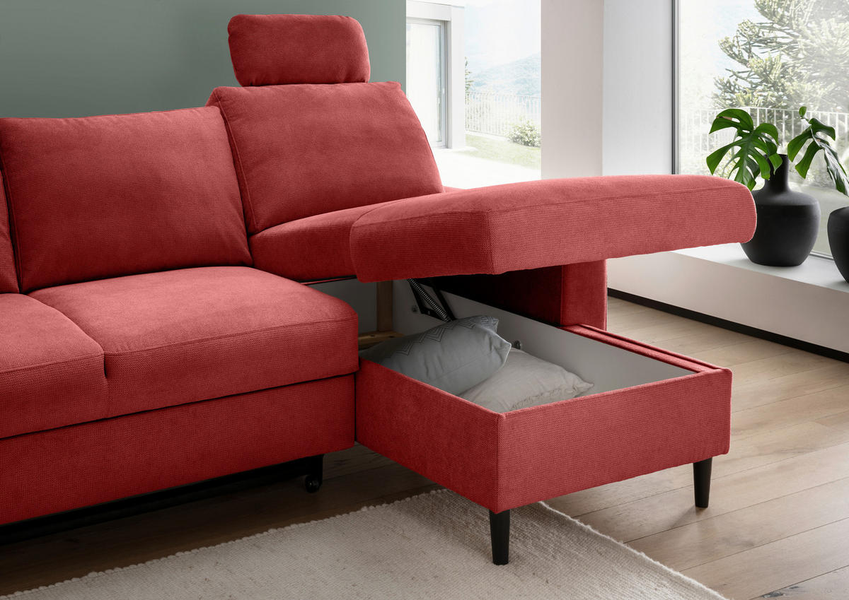 ECKSCHLAFSOFA in Chenille Rot  - Rot/Schwarz, Modern, Holz/Textil (234/147cm) - Livetastic