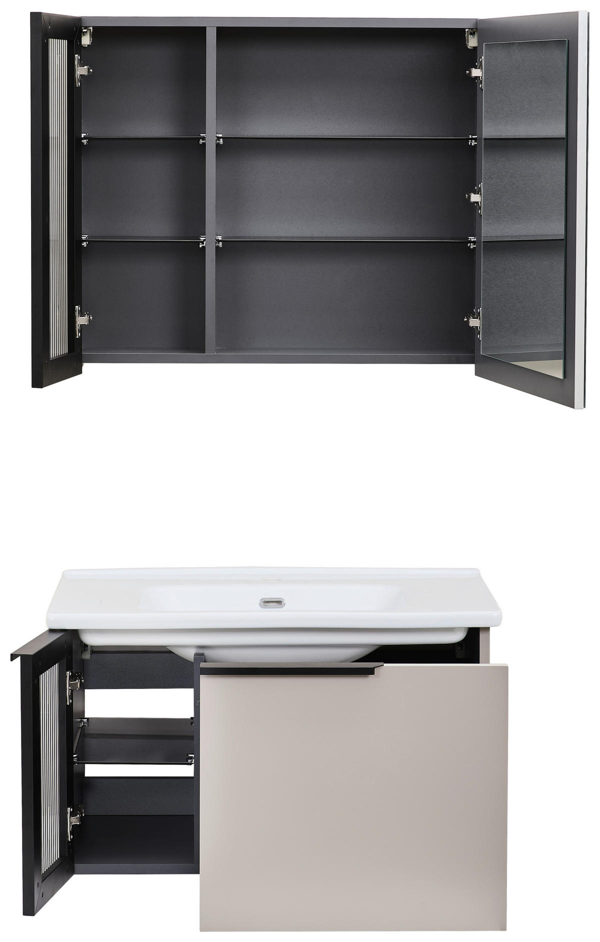 BADEZIMMER 3-teilig  in  - Weiß Hochglanz/Beige, MODERN, Glas/Holz (80/114/45cm) - MID.YOU