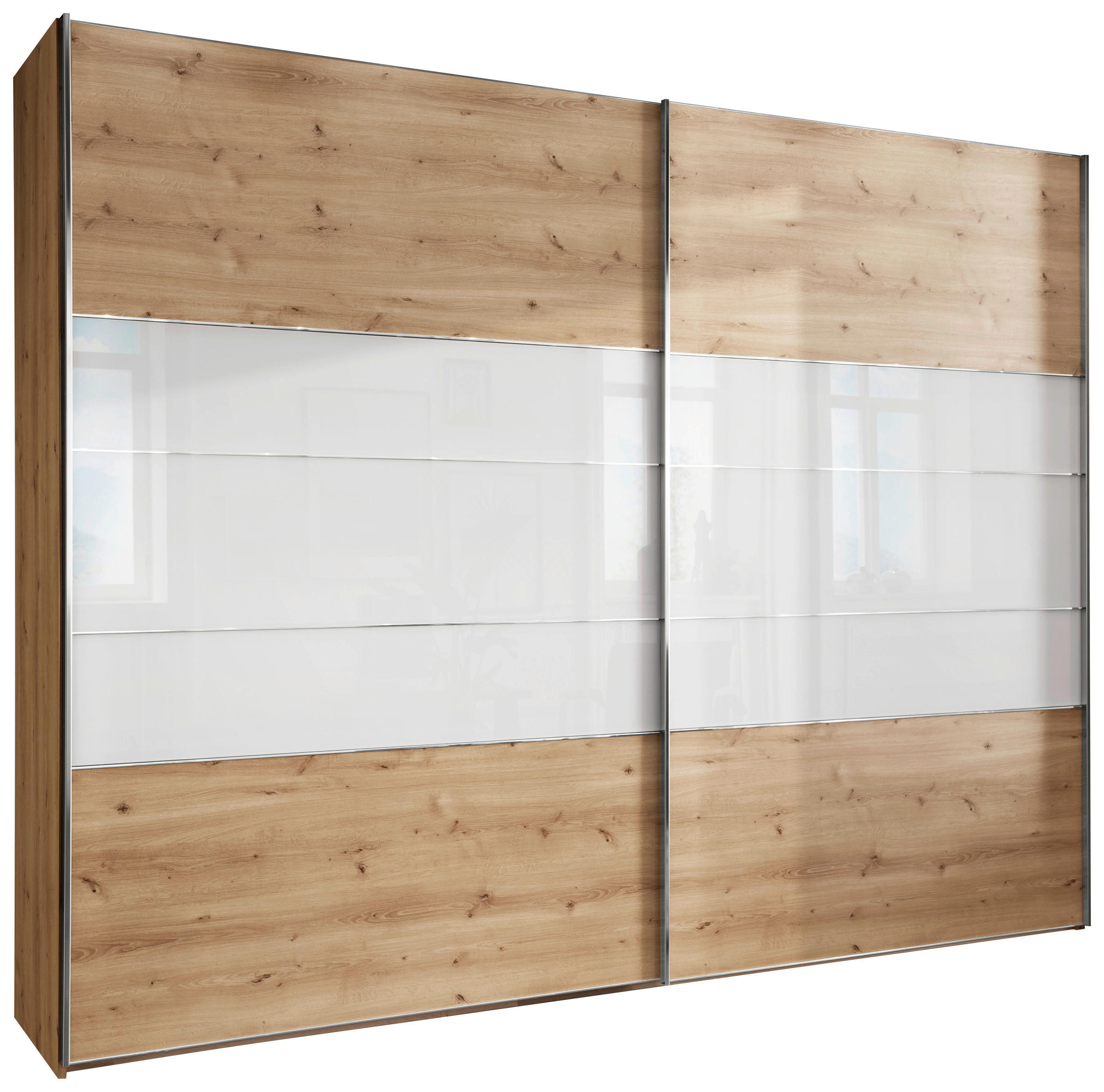 SCHWEBETÜRENSCHRANK 300/217/67 cm 2-türig Weiß, Eiche Bianco  - Chromfarben/Eiche Bianco, KONVENTIONELL, Glas/Holzwerkstoff (300/217/67cm) - Voleo