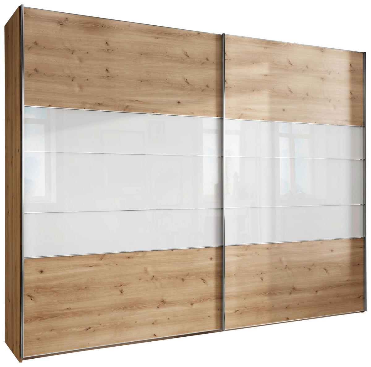SCHWEBETÜRENSCHRANK 300/217/67 cm 2-türig Weiß, Eiche Bianco  - Chromfarben/Eiche Bianco, KONVENTIONELL, Glas/Holzwerkstoff (300/217/67cm) - Voleo