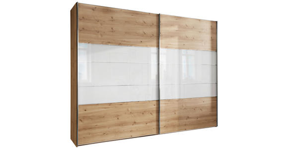 SCHWEBETÜRENSCHRANK  in Weiß, Eiche Bianco  - Chromfarben/Eiche Bianco, KONVENTIONELL, Glas/Holzwerkstoff (300/217/67cm) - Voleo