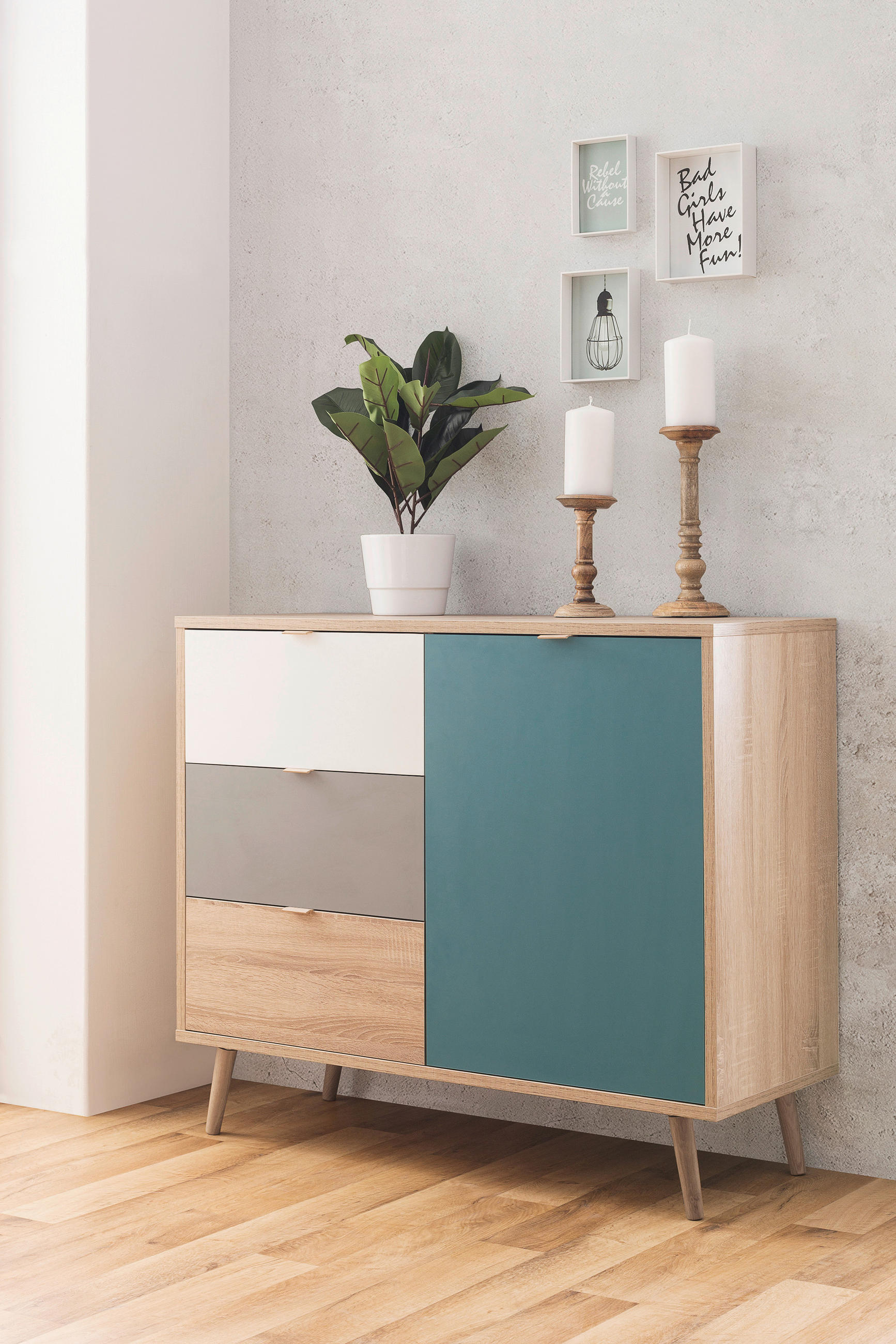 KOMODA  103/87/40 cm  siva, bela, boja hrasta, petrolej plava  - siva/boja hrasta, Trendi, pločasti materijal (103/87/40cm) - Carryhome