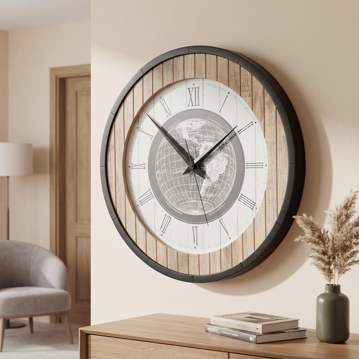 WANDUHR - Schwarz, Weiß, Eichefarben  - Eichefarben/Schwarz, Basics, Holz/Kunststoff (57cm)