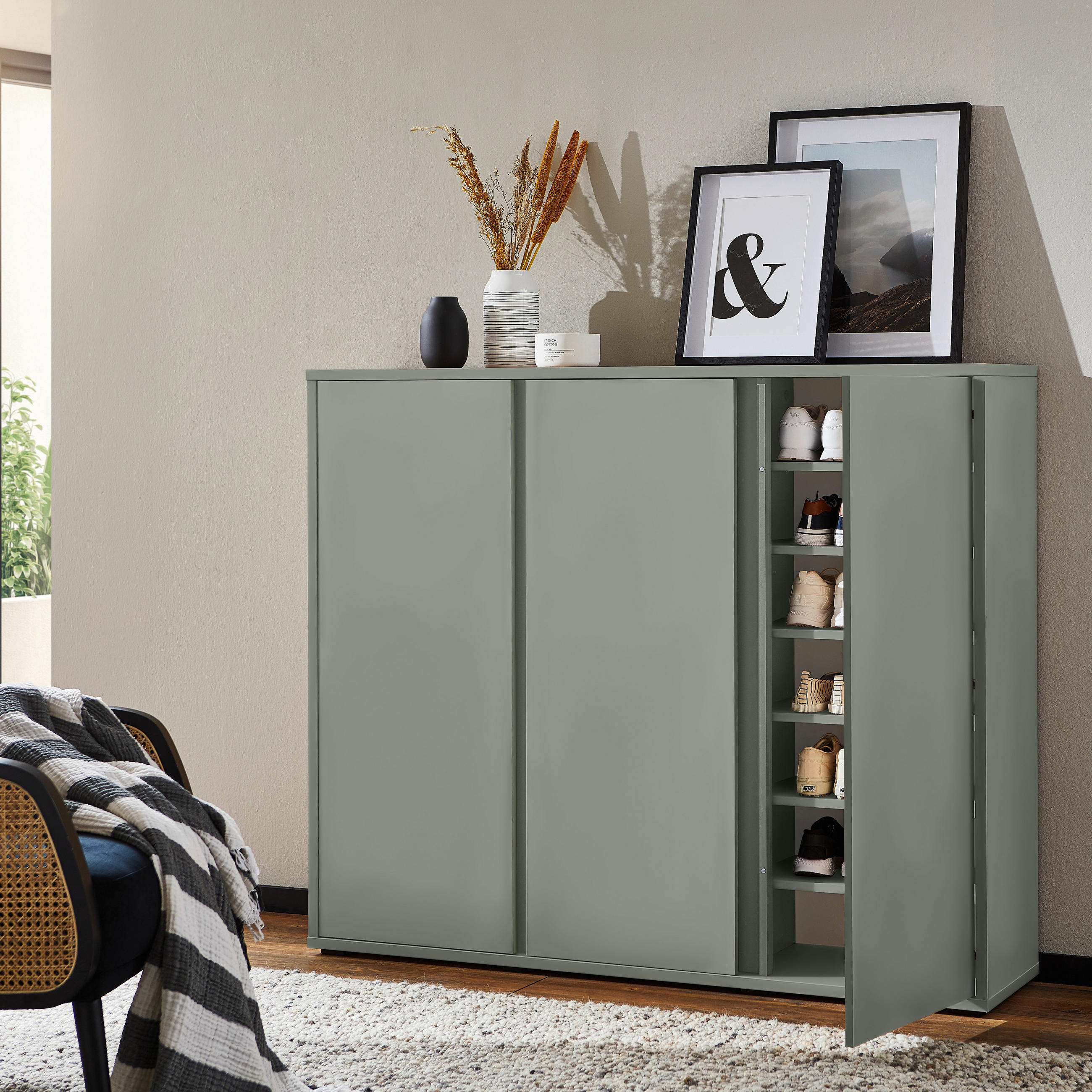 SCHUHSCHRANK 145/120/34 cm  - Grau/Grün, Design, Holzwerkstoff/Kunststoff (145/120/34cm) - Xora