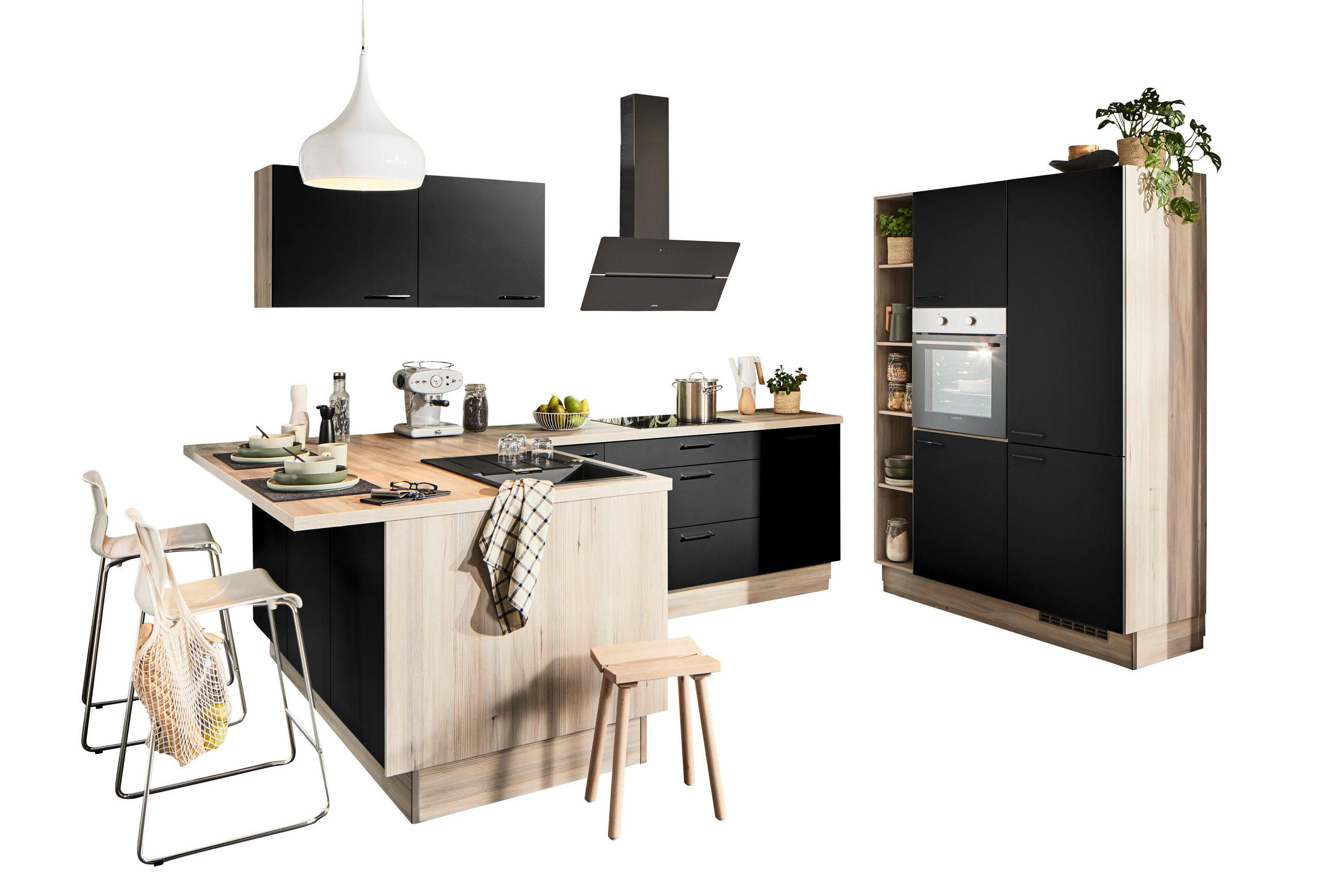 ECKKÜCHE  in Schwarz, Weiß  - Tannenholzfarben/Schwarz, Design, Holzwerkstoff/Metall (121,6/280/150cm) - Xora