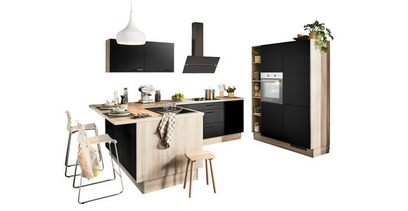 ECKKÜCHE  in Schwarz, Weiß  - Tannenholzfarben/Schwarz, Design, Holzwerkstoff/Metall (121,6/280/150cm) - Xora