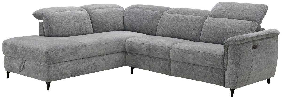 ECKSOFA Grau Chenille Relaxfunktion, Kopfteilverstellung, Stauraum  - Schwarz/Grau, Design, Textil/Metall (220/266cm) - Xora